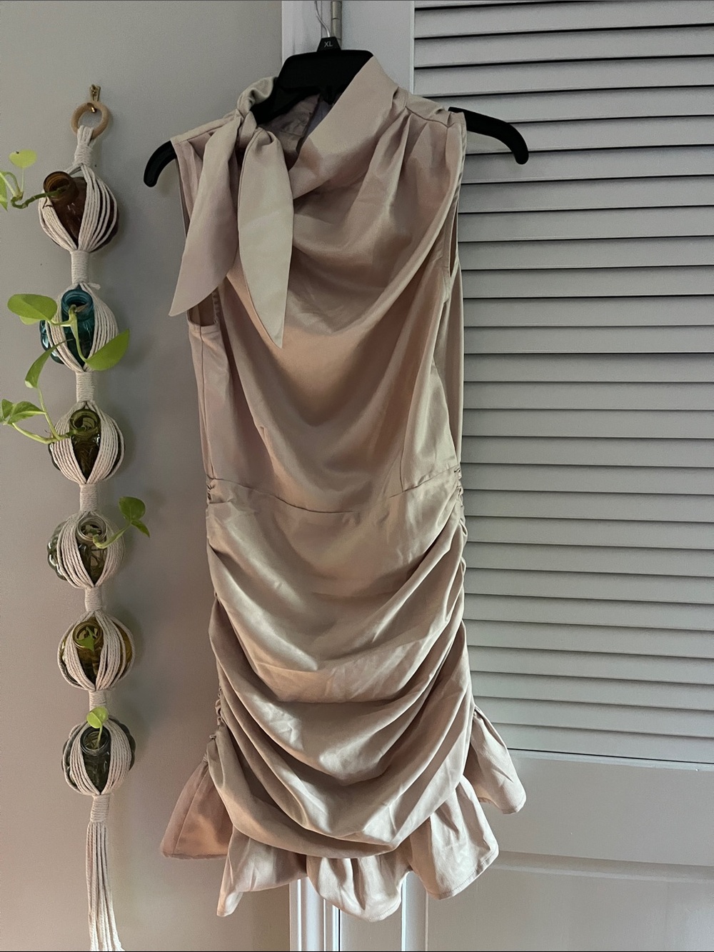 TCEC Satin Tie-Neck Ruched Mini Dress in Pale Blush